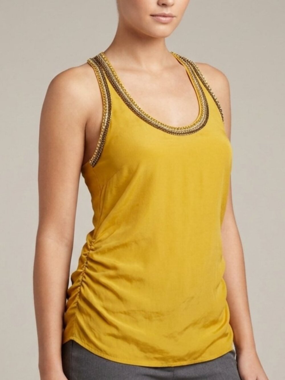 Bebe Mustard Yellow Silk Tank Top with Chain And Metal Beads Detail